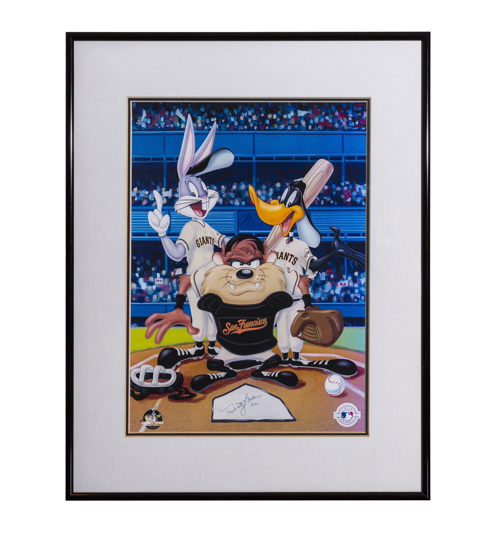 Dusty Baker Signed Warner Bros. Themed Lithograph: A Warner Bros./San Francisco Giants themed lithograph entitled "At the Plate." This lithograph has been signed in blue sharpie by Dusty Baker. Is presented framed (image10.5" x 14"; framed 16" x 20")