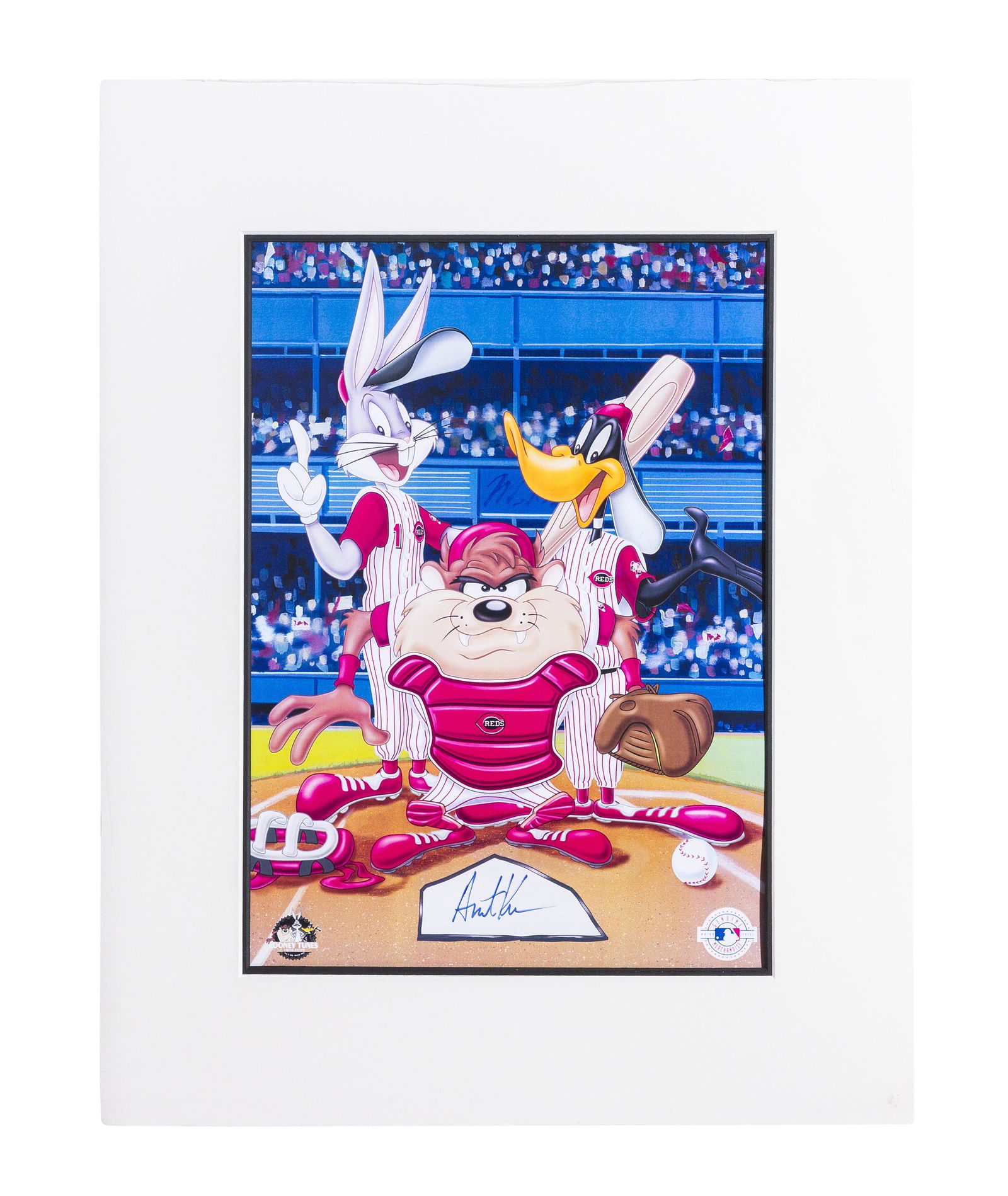 Austin Kearns Signed Lithograph: A Warner Bros. themed Cincinnati Reds Lithograph signed in blue sharpie by Austin Kearns. Presented framed (image11" x 15"; frame 17.5" x 21.75") with photos from the signing event.