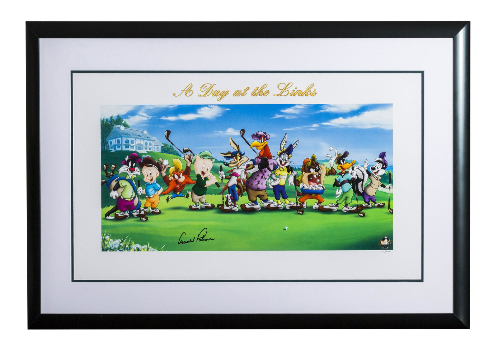 Arnold Palmer Signed Warner Bros. Lithograph: A Warner Bros. limited edition (201/7,500) golf themed lithograph entitled "A Day At the Links." This lithograph has been signed in black sharpie by Arnold Palmer. Presented framed (image 17.5" x 31.5