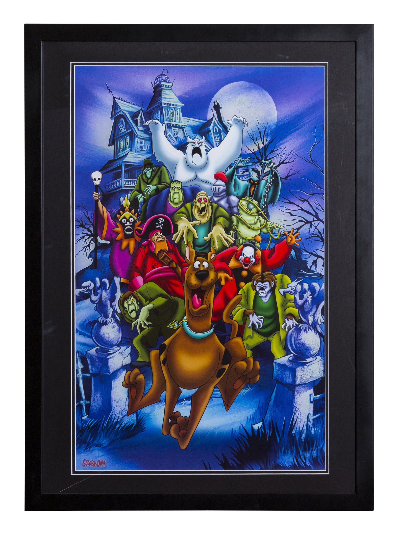 Scooby and Monsters II L.E. Lithograph: A Warner Bros. limited edition mixed media lithograph featuring Scooby-Doo being chased by a large group of monsters. Is presented framed (image 18.5" x 32.5"; frame 26" x 36") with Classic Moments CO