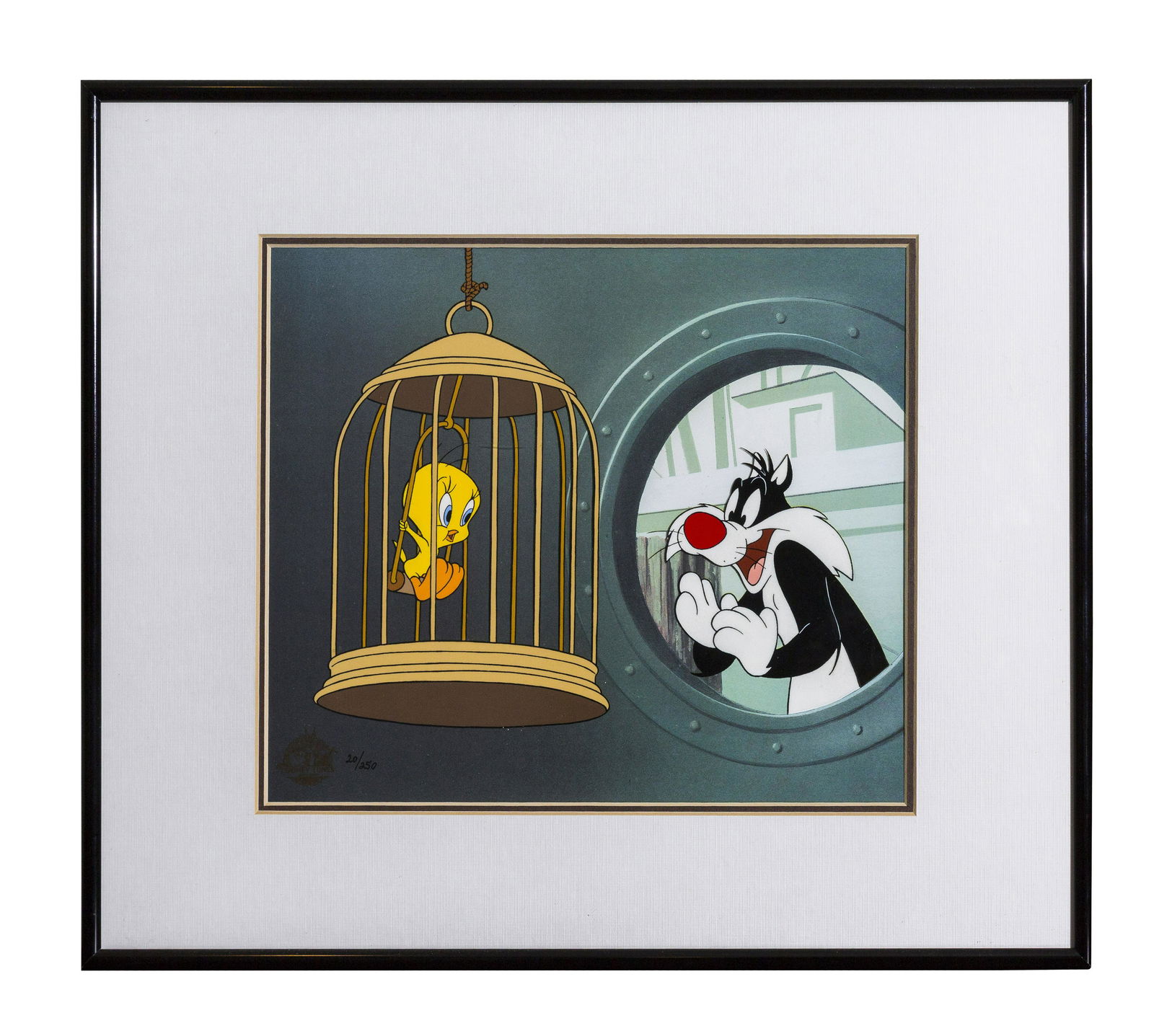 Tweety Bird and Sylveter - WB Hand-Painted Cel: A Warner Bros. hand-painted limited edition (#20/250) 12-field cel entitled “Bird in a Guilty Cage.” This scene is taken from an actual “freeze-frame” from the Looney Tunes car