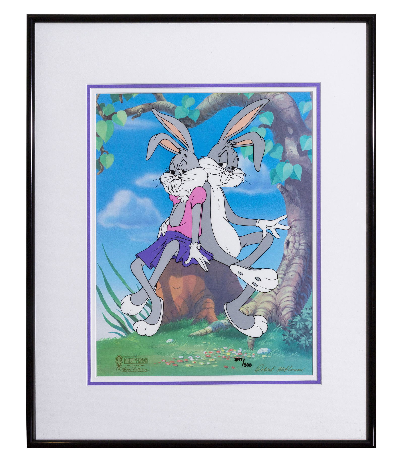 Bugs & Honey Bunny - WB Hand-Painted Cel: A Warner Bros. hand-painted limited edition (#397/500) 12-field cel entitled “Honey Bunny.” This image is taken from a publicity cel created by Director Robert McKimson. Honey Bunny is the