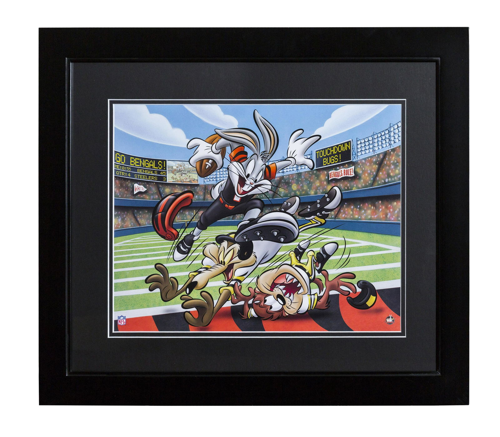 Touchdown Bugs - Bengals Lithograph: A Warner Bros. Cincinnati Bengals themed lithograph entitled "Touch Down Bugs." This image features Bugs Bunny as a Bengal running in for the Touchdown. Is presented framed 16"x20" with Classic Moment