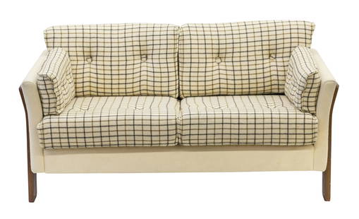 Illum Wikkelso Style Settee: Settee, possible Holger Christiansen, Denmark, 1965. Teak upholstery. 56w x 30d x 29h SH- 17.5".