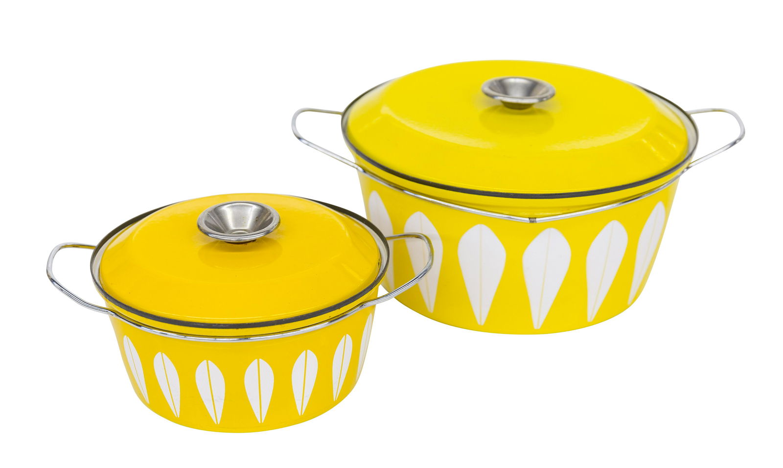 Grete Prytz Kittelsen, Catherineholm Casseroles: Casseroles, Lotus pattern, Catherineholm, Norway, 1963. Enameled metal and chrome plated metal. Stamped made in Norway to underside. 17w x 13d x 7.75h, Casserole- 13dia