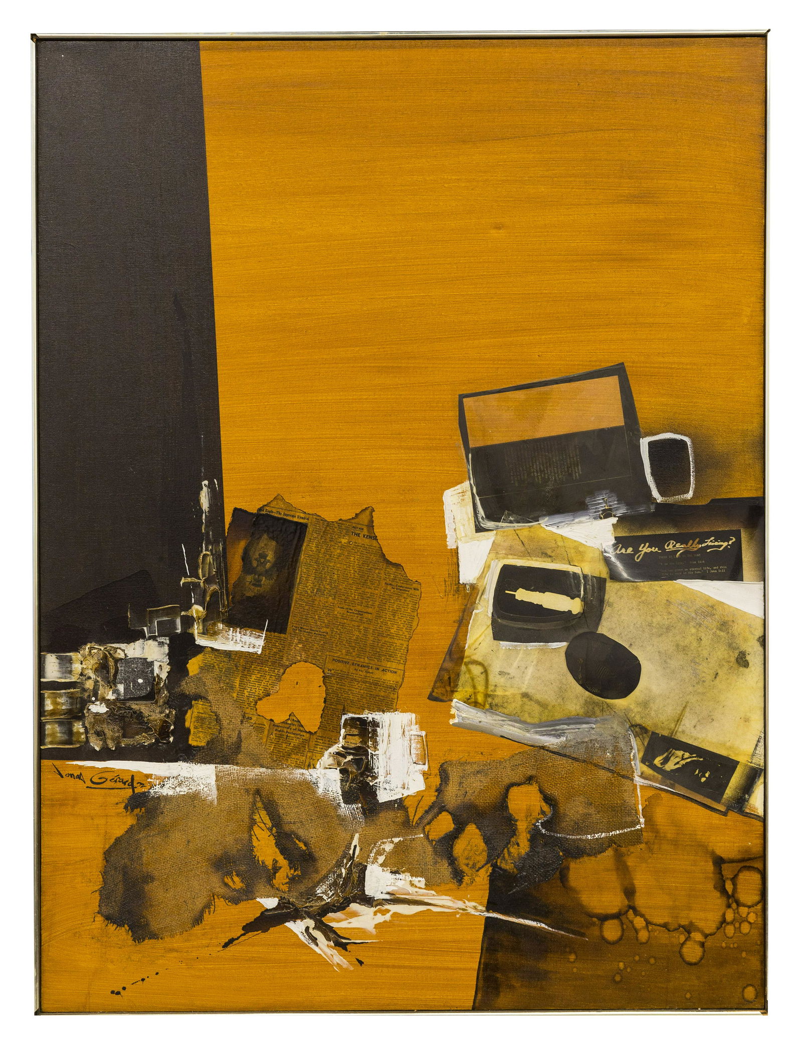 Jonas Gerard (B-1941) Mix Media (NC, Florida): Oil on canvas and newspaper, "Collage Symposium" signed lower left and titled on verso. Sight- 36 x 38, Frame- 49 x 36.75