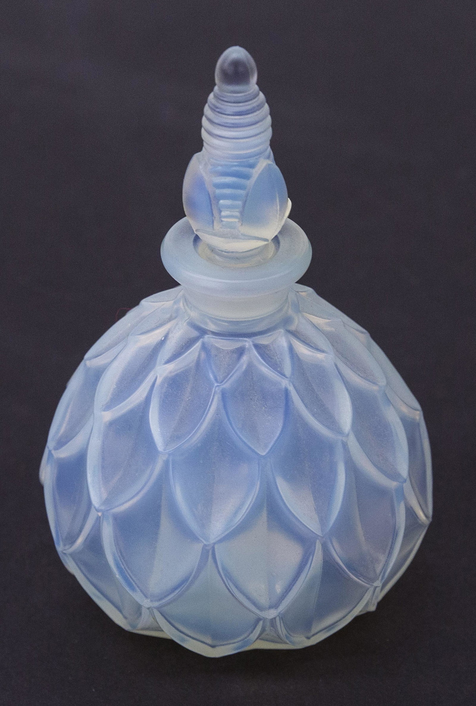 Sabino Petalia Opalescent Art Glass Perfume Bottle: Perfume bottle, Sabino, France, 1940. Incised signature to underside. Sabino, Paris. Original label. 3.5dia x 5.5h