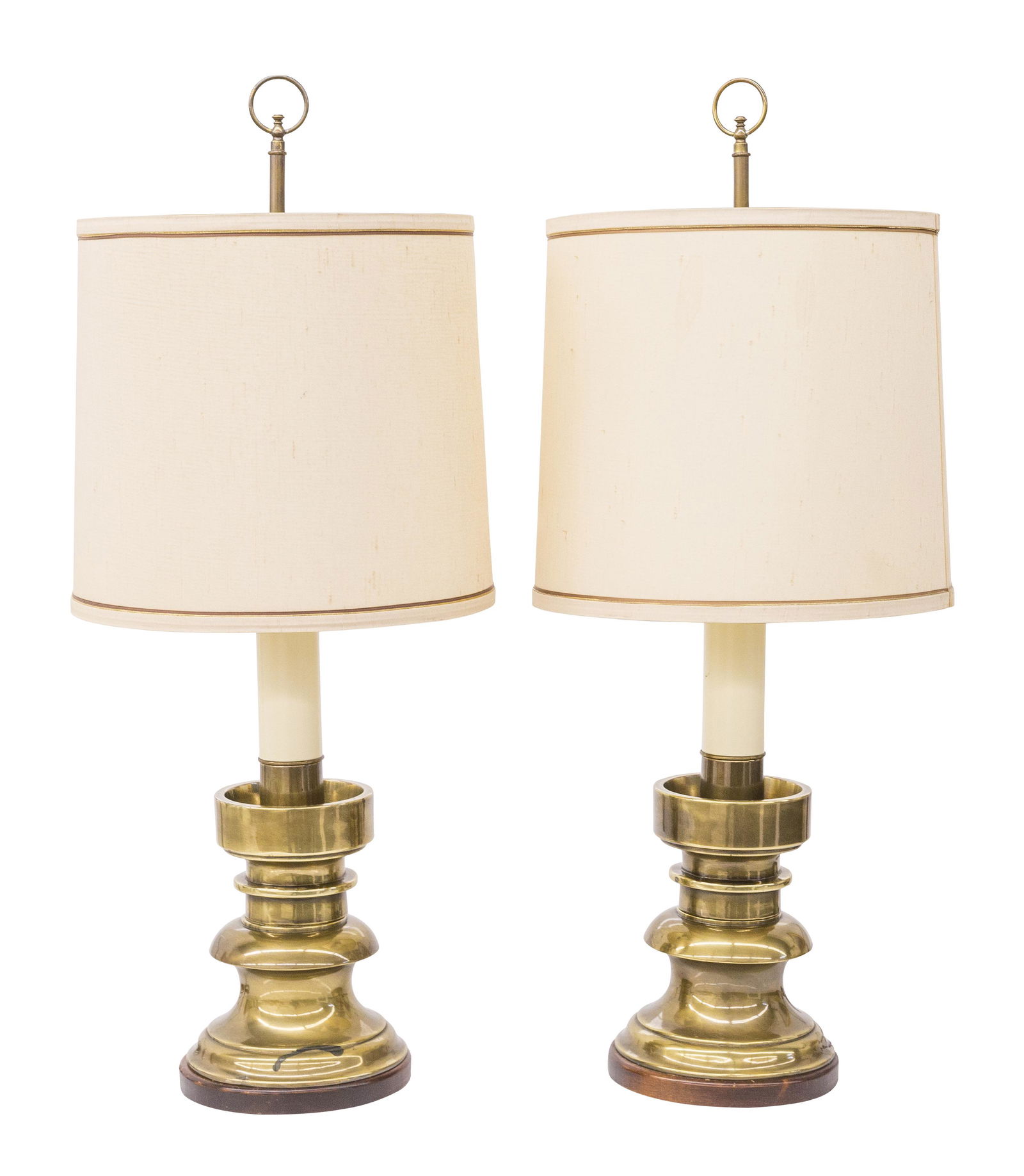 Frederick Cooper Table Lamps: Table lamps, pair. Frederick Cooper Ltd. Usa, 1980. Brass, walnut, and silk with original shades. 13dia x 31.5h