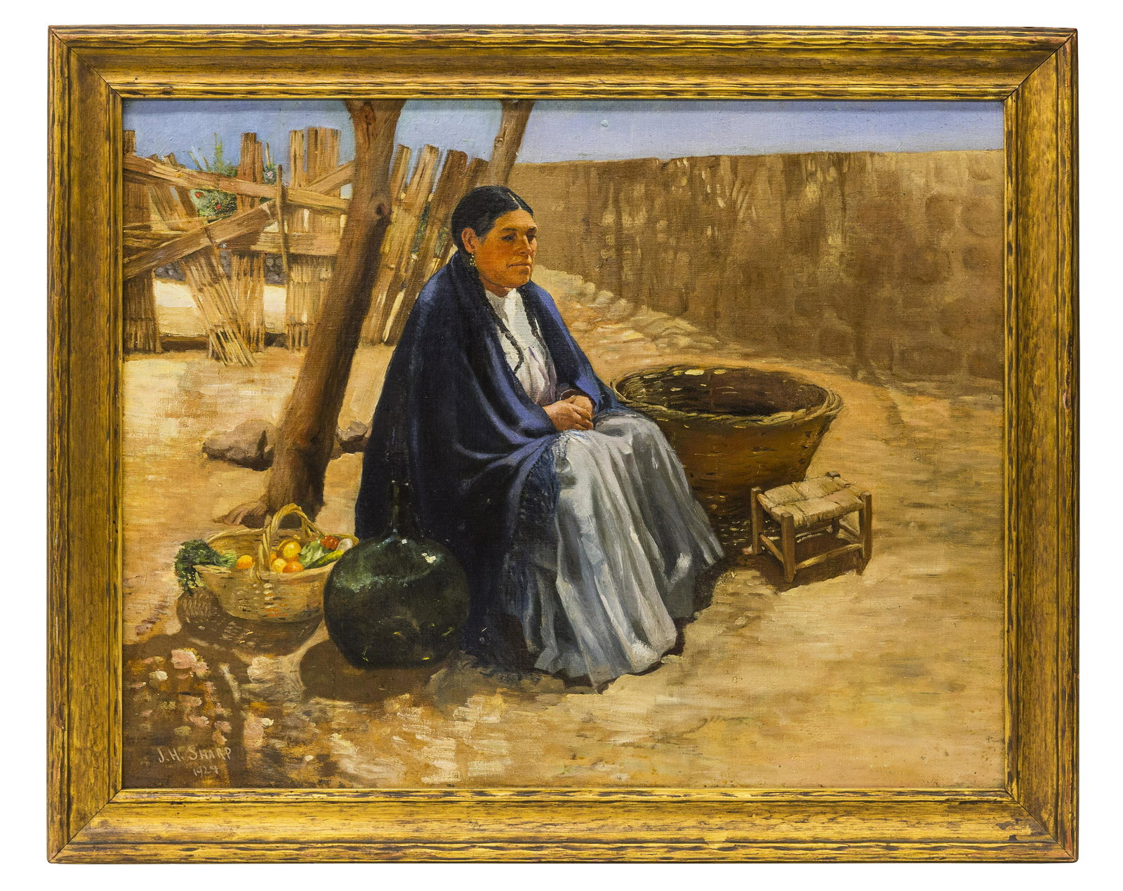 Joseph Henry Sharp (1859-1953) Oil (NM, CA, Cincinnati): Oil on canvas, untitled, Indian maiden, sitting by tree with harvest basket, planter, footstool, fence in background. Signed lower left and dated 1924. This painting has been black lighted and shows s