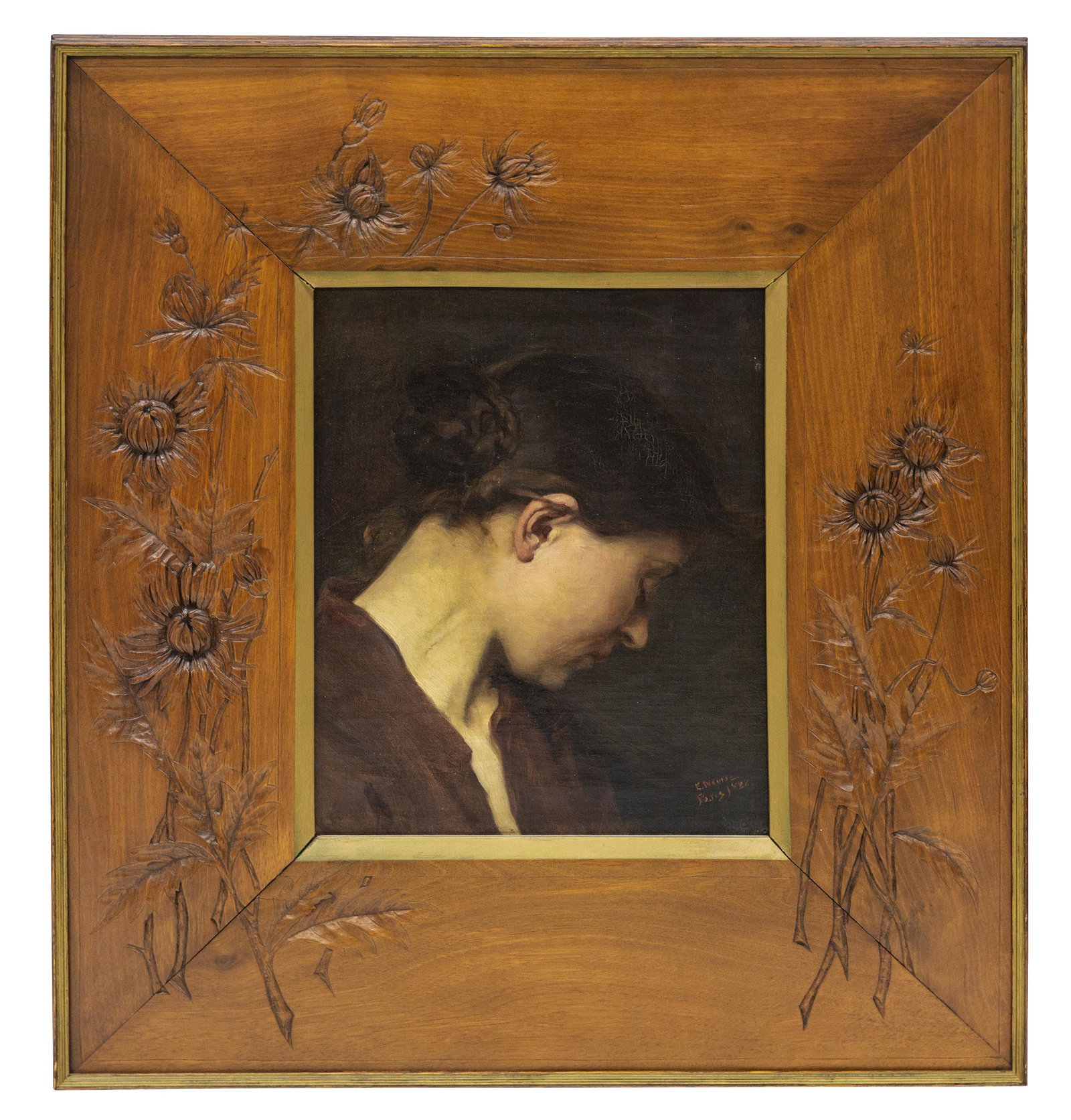 Elizabeth Nourse (1859-1938) Oil (OH/NY, France): Oil on canvas, "Madonna (Study for La mere)" signed lower right E. Nourse, Paris 1886. Paul Foinet Gallery stamp to verso. Housed in Louis Nourse (Elizabeth Nourse sister) wood carved frame. Sight- 16
