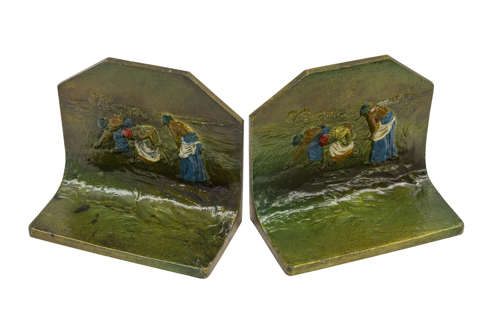Bronze Bookends, JF Millets, The Angelus & Gleaners: Manufacture's mark to verso signed to plate lower right. 5.25w x 2.25d x 4.625h
