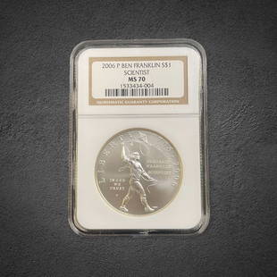 2006 Ben Franklin Scientist $1 Silver Coin: 2006 P $1 Ben Franklin Scientist silver coin. Graded MS 70 by NGC.