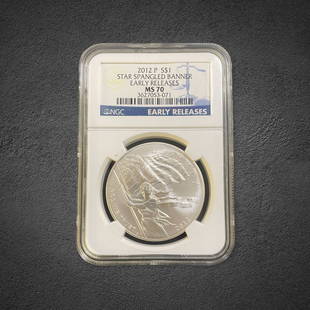 2012 Star Spangled Banner $1 Silver Coin: 2012 P $1 Star Spangled Banner Early Release silver coin. Graded MS 70 by NGC.