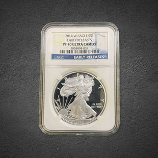 2014-W Ultra Cameo Silver Eagle $1 Coin: 2014-W Silver Eagle proof coin. Early release struck at West Point. Graded PF 70 Ultra Cameo by NGC.