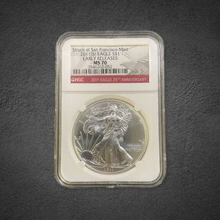 2011-S Silver Eagle $1 Coin: 2011-S Silver Eagle $1 coin. Struck at San Francisco Mint early release. Graded MS 70 by NGC.