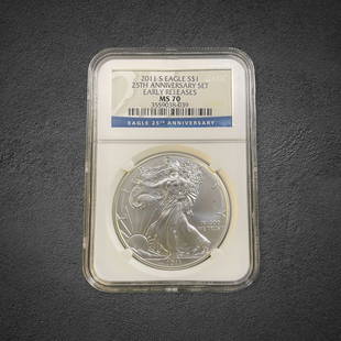 2011-S Silver Eagle $1 Coin: 2011-S Silver Eagle $1 coin. 25th Anniversary set coin. Early release. Graded MS 70 by NGC.