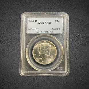 1964-D Kennedy Half Dollar Coin: 1964 Kennedy half dollar coin. Graded MS 65 by PCGS.