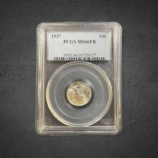 1937 Mercury Dime Coin: 1937 Mercury dime full bands. Graded MS 66 FB by PCGS.