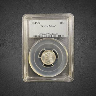 1945-S Mercury Dime Coin: 1945-S Mercury dime. Graded MS 65 by PCGS.