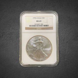 1996 Silver Eagle $1 Coin: 1996 $1 Silver Eagle coin. Graded MS 69 by NGC.