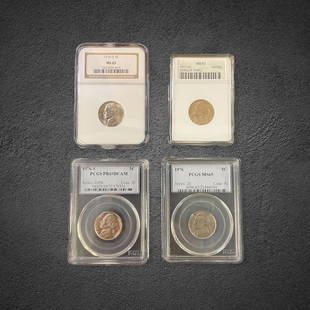 1976-77 Jefferson Nickel Proof Coin Plus: (4) Coins total. (1) 1976-S Jefferson nickel, graded PR 69 DCAM. (1) 1976 Jefferson nickel, graded MS 65 by PCGS. (1) 1977 Jefferson nickel, graded MS 63 struck thru by ANACS. (1) 1976-D