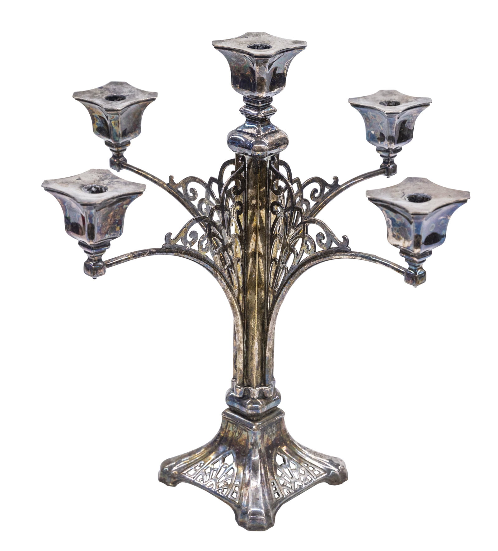 Art Nouveau Silverplate Candelabra: Five branch candelabra with pierce Art Nouveau stem and flared square footed base. 19w x 19d x 19h