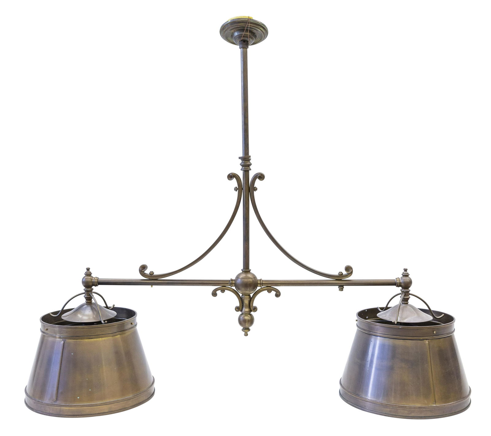 Restoration Hardware Double Barrel Pool Table Light: Double brass tapering shades with turned rods and sphere joints. It would make an outstanding kitchen island lamp 50w x 13d x 44h
