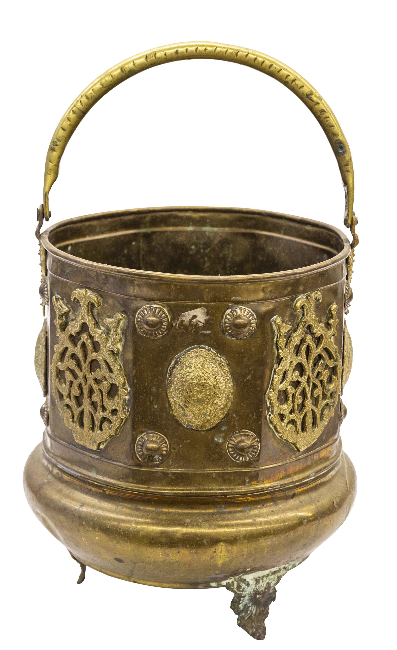 Fine French Neoclassical Style Brass Bucket: Round Brass Bucket with hand-hammered brass and pivoting loop handle. Cast brass mounts, ormolu's to body. The bucket rests on three floral embossed feet. 12.5 diameter x 15.125h (handle not included)