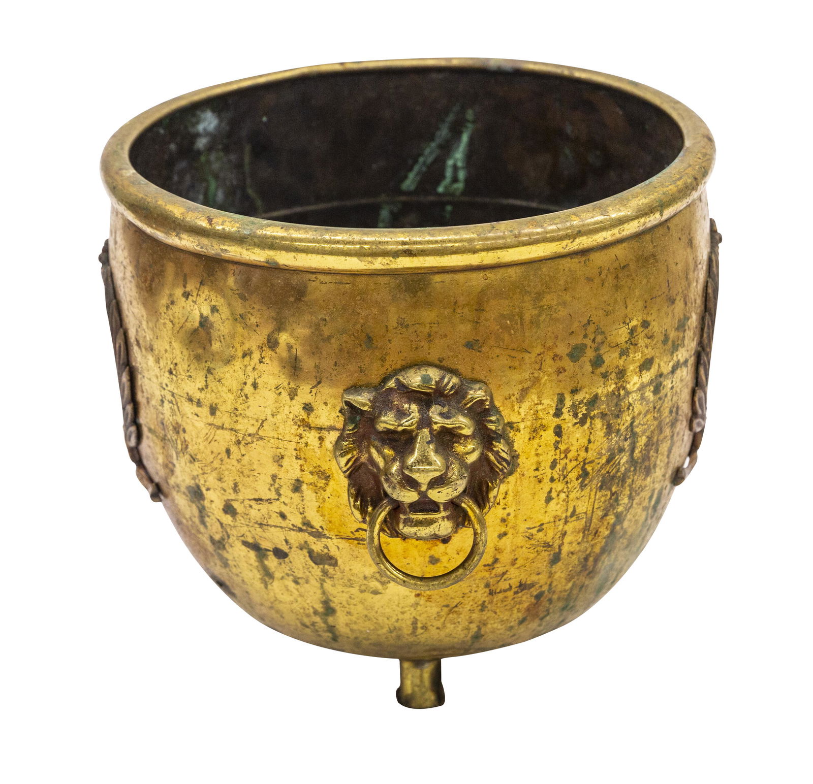 Antique Brass Lion Head Planter with Ring Handles (1 of 7)