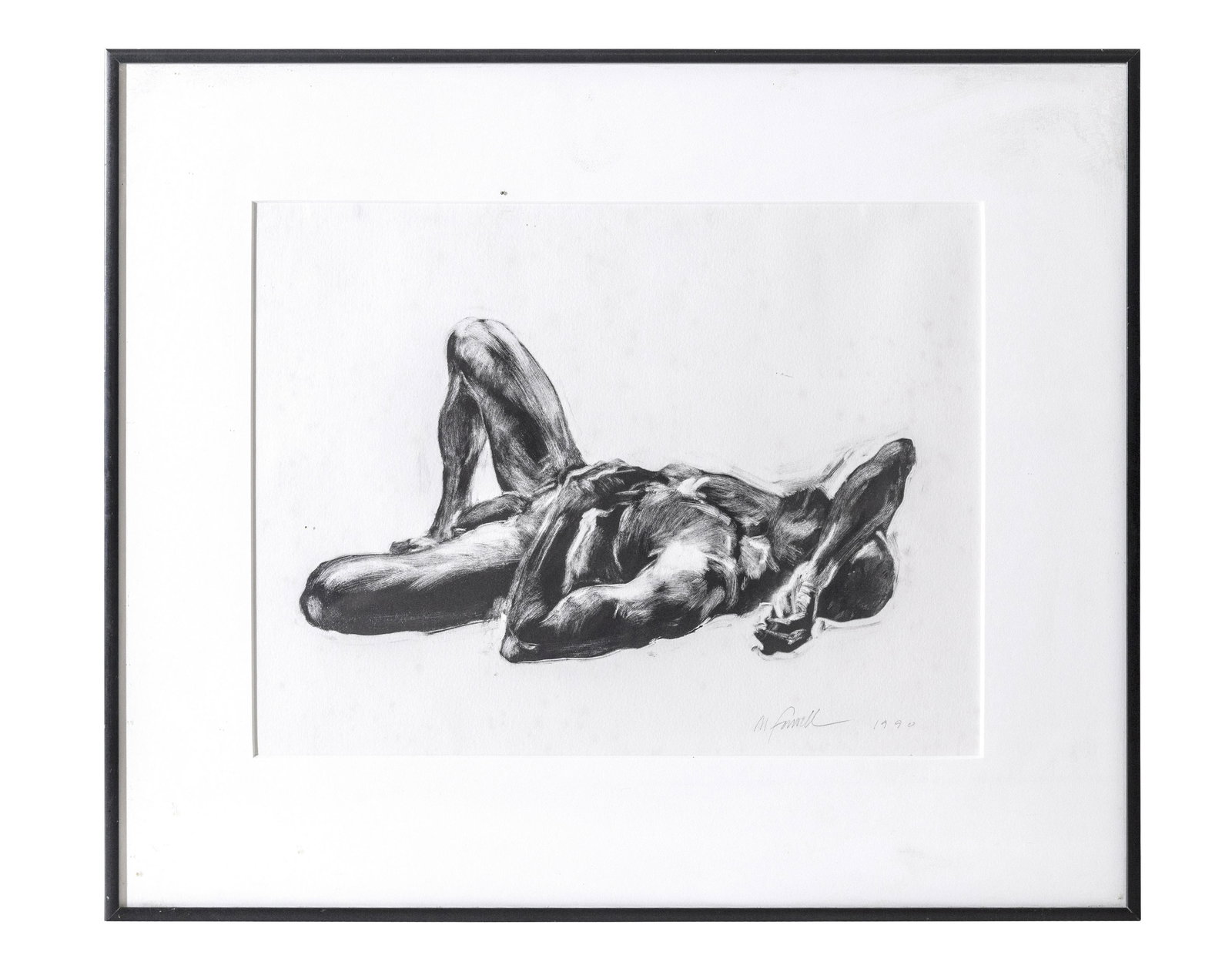 M Farwell Nude Male Charcoal Drawing: Well executed charcoal on French paper of reclining male nude. Signed and dated lower right circa 1990. Sight-10.25 x 13.5, Frame-16 x 19.5