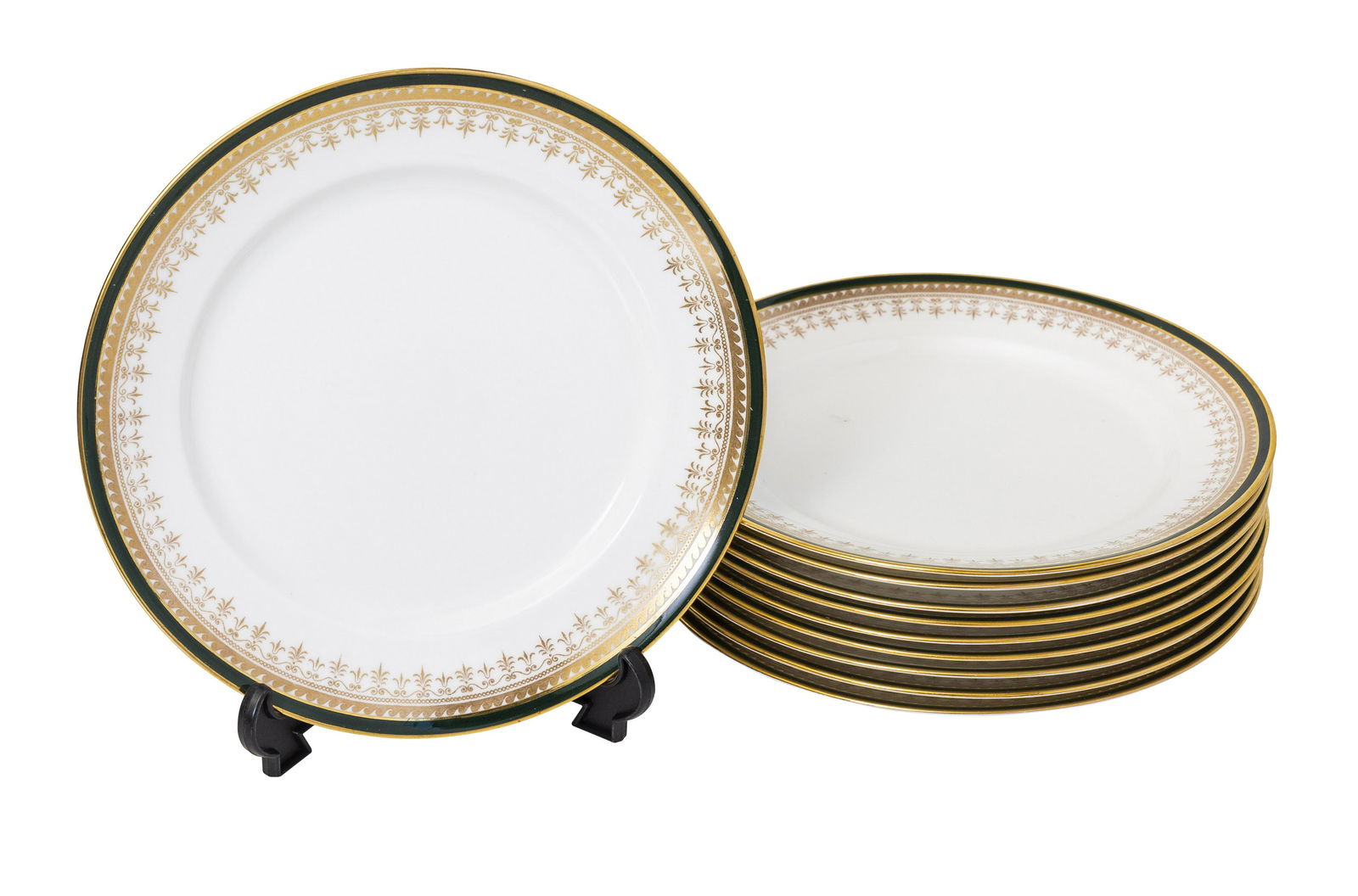 Rorstrand Luncheon Plates: 10 porcelain luncheon plates with green and gilded gold borders. Manufacturer's mark to underside, Sweden. 9.875 diameter