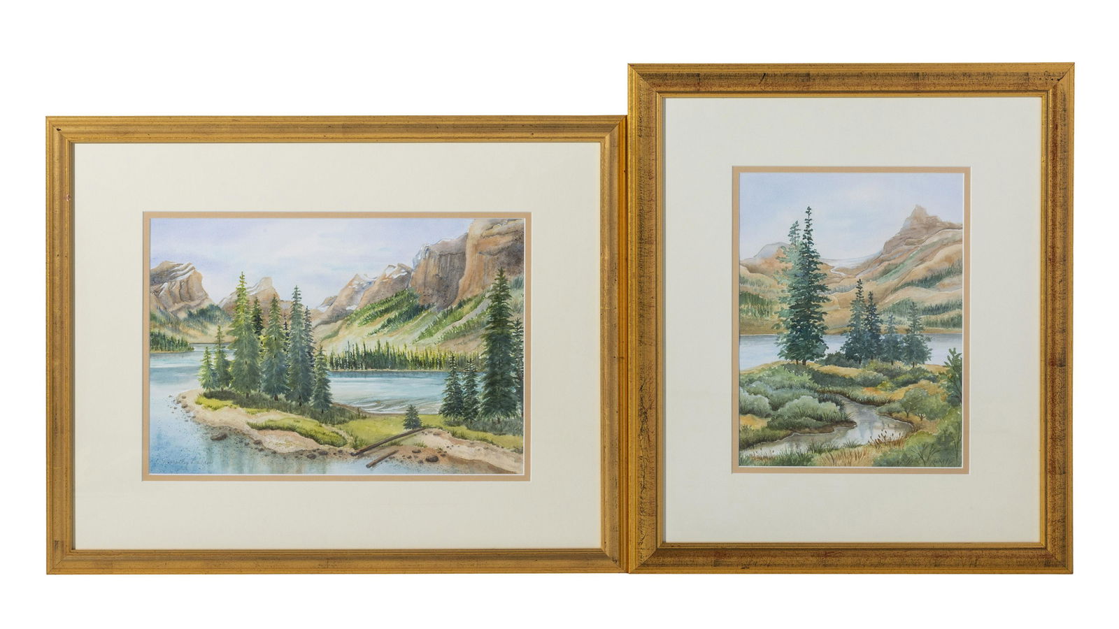 Dorothy Burdin (20th/21st Century) Watercolors (USA): Two watercolors on paper one titled, "Near The Ice Field" and one "Untitled". Each is signed lower margin. Housed in gold frames. Sight-15.5 x 11.5, Frame-27 x 23. Sight-13.5 x 19.5, Frame-24.5 x 30.2
