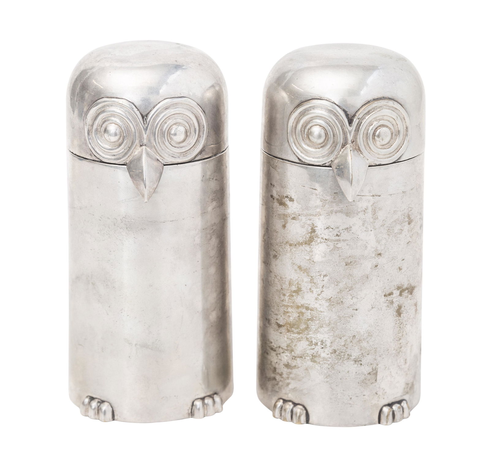 Russel Wright (Attribution) Owl Boxes: Owl boxes, pair. Russel Wright Inc., USA, circa 1940. Spun aluminum. 3 diameter x 6.5h