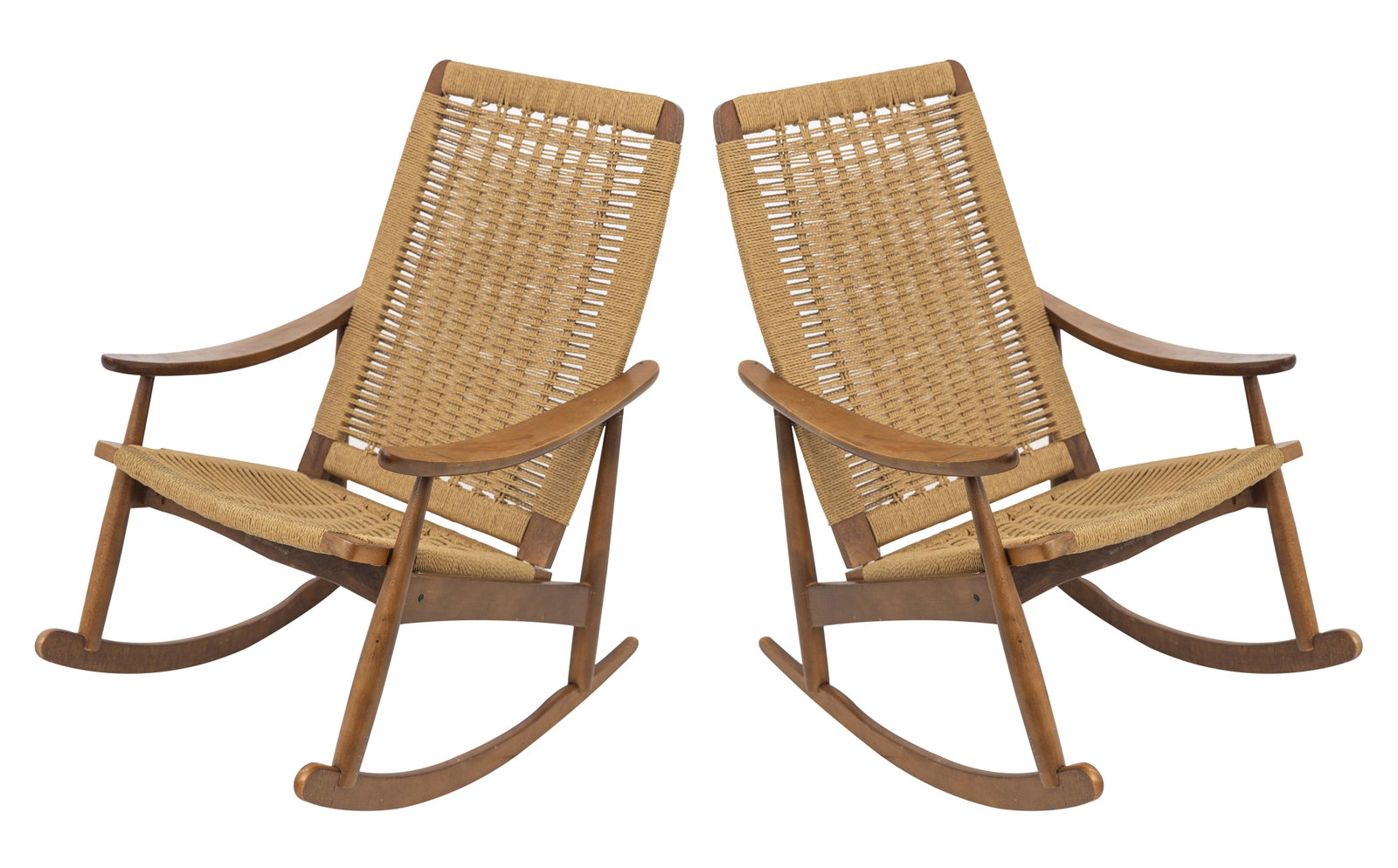 MCM Yugoslavian Rocking Chair: Rocking chair, Yugoslavia, circa 1970. Walnut and rope. Marked Yugoslavia to the underside. 24.5w x 33d x 37h