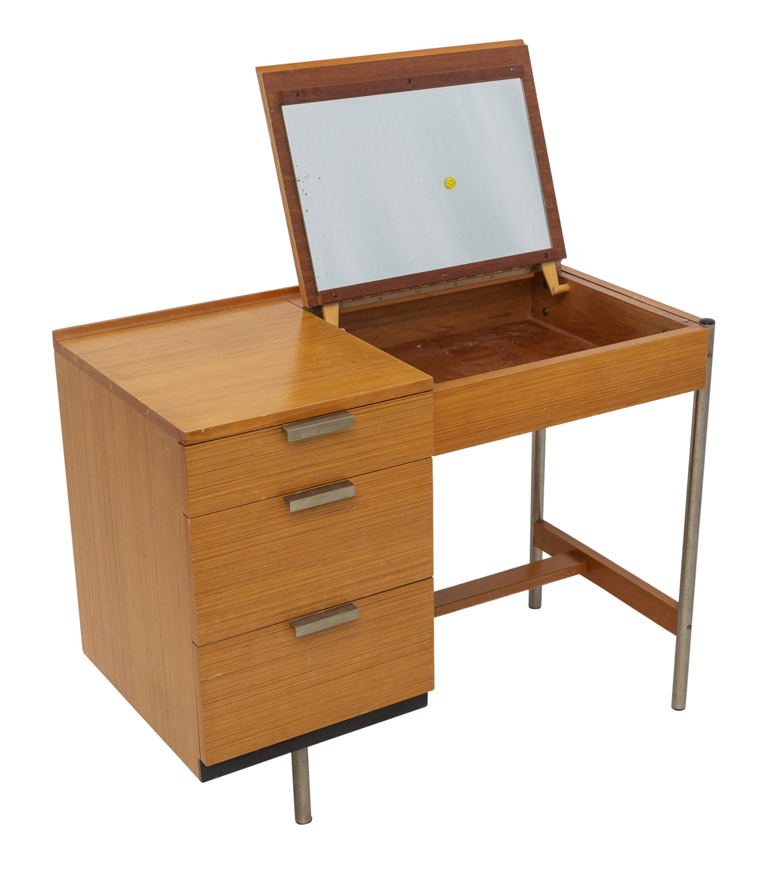 MCM Swedish Vanity/Desk: Vanity, Sweden, circa 1970. Teak, chrome plated metal, ebonized teak, and enameled metal. Three drawers, and hinged door revealing mirror and storage. 36w x 18.25d x 18.625h