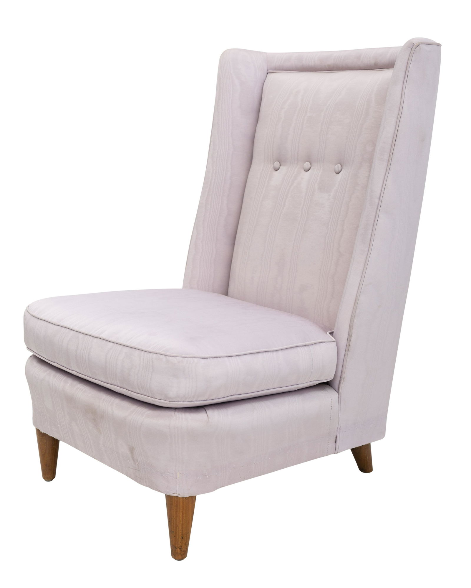 Paul Laszlo Slipper Chair: Barrel back slipper chair, Brown Saltman, USA, circa 1950. Silk and maple. 24w x 31d x 36.5h, 15.5h