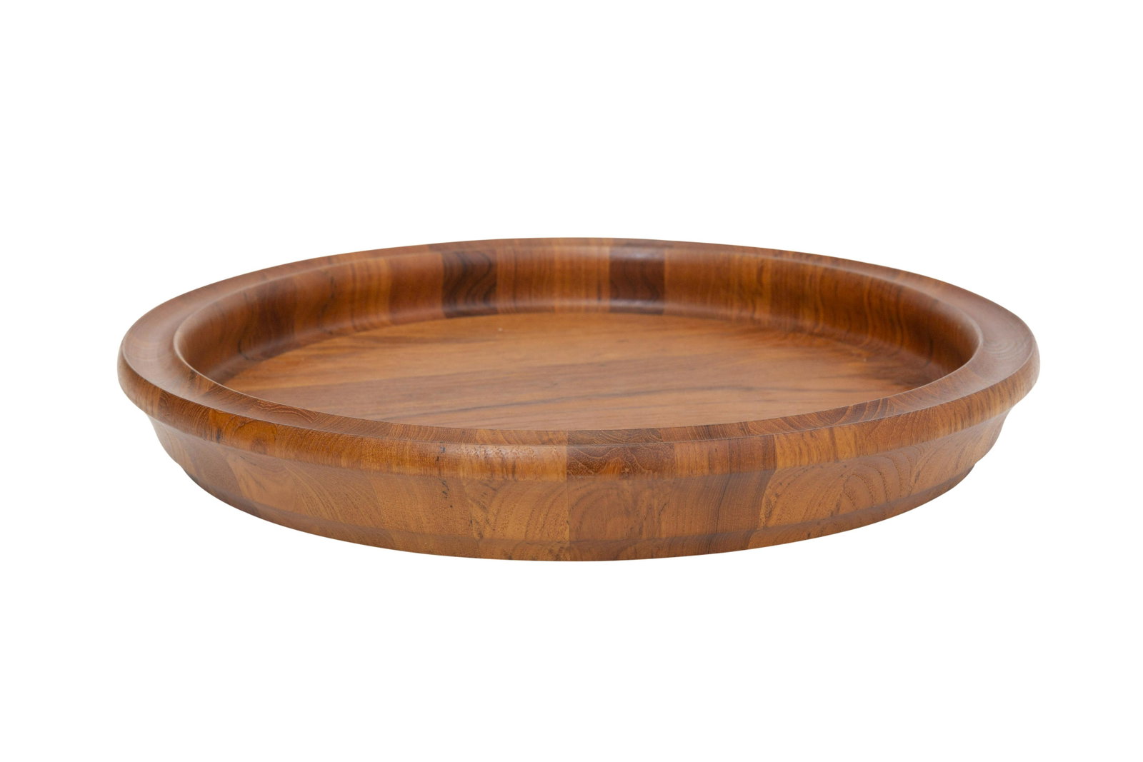 Scanforn Teak Tray: Round teak tray with built-in olive holder border, Denmark, circa 1960s. Manufacturer's mark to underside. 20.25 x 2.75h
