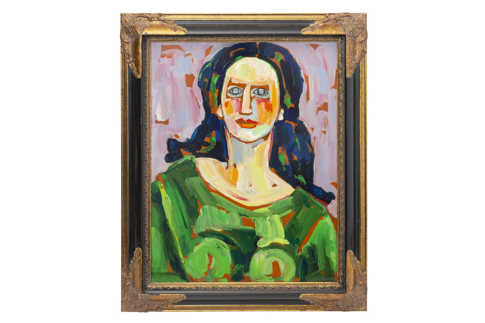 Gwen Doppler (1927-2021) Acrylic (IL,OH): Oil on masonite, "Jannie", abstract expressionist portrait. Signed and dated 1996 lower left and to verso. Sight-24 x 18, Frame-29.125 x 23.125