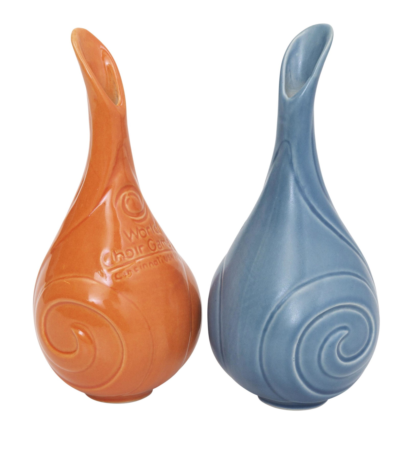 Rookwood Pottery Vase #10106-8: Art pottery snail vases, RP logo, One 2012 world choir games, dated 2012 and 2013. Shape #10106-8. 2.5 diameter x 5.75h
