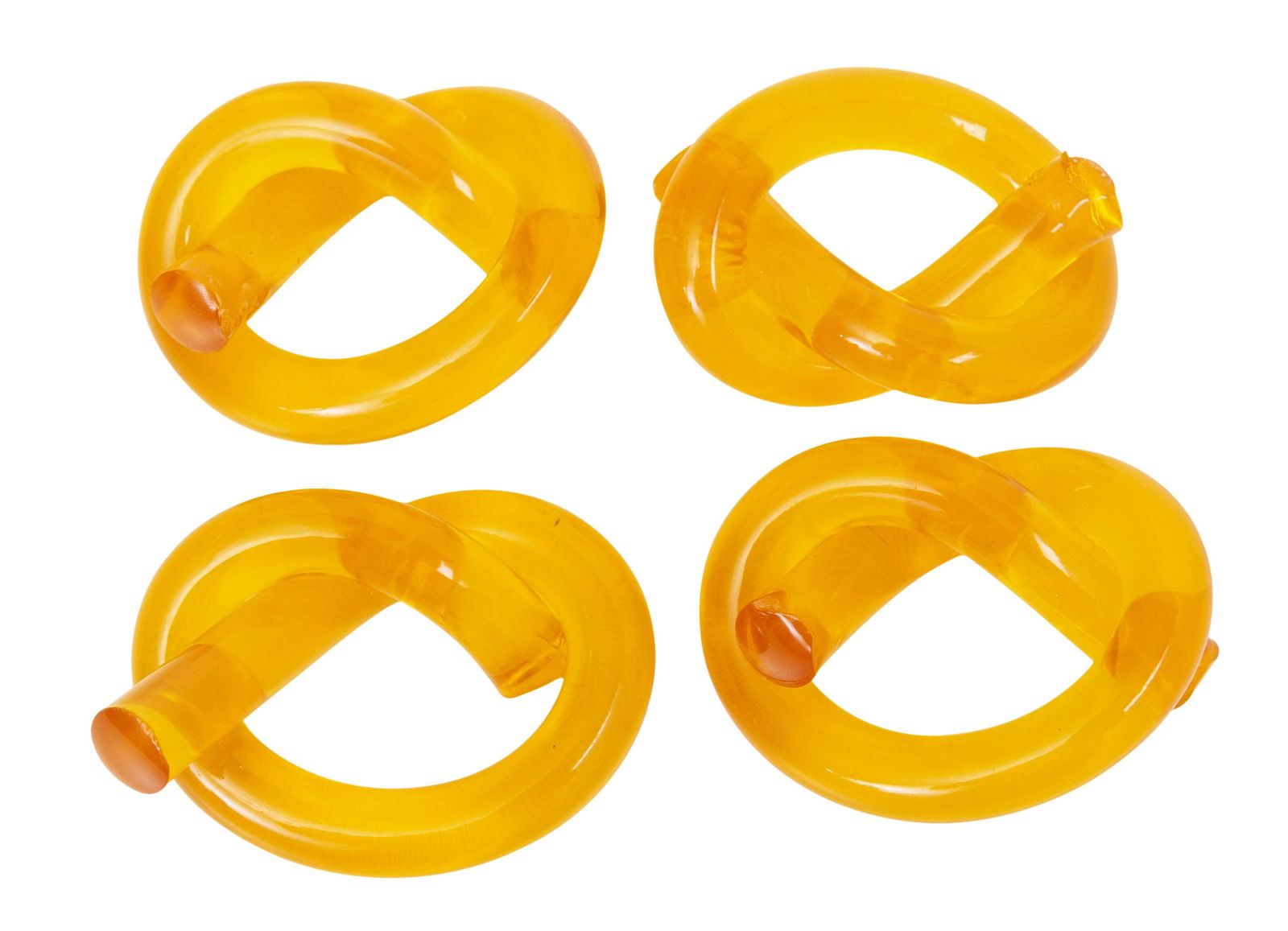 Dorothy Thorpe "Pretzel" Napkin Holders: Napkin holders, set of four, USA, circa 1980. Orange acrylic. 2.75w x 1.25d x 2.25h