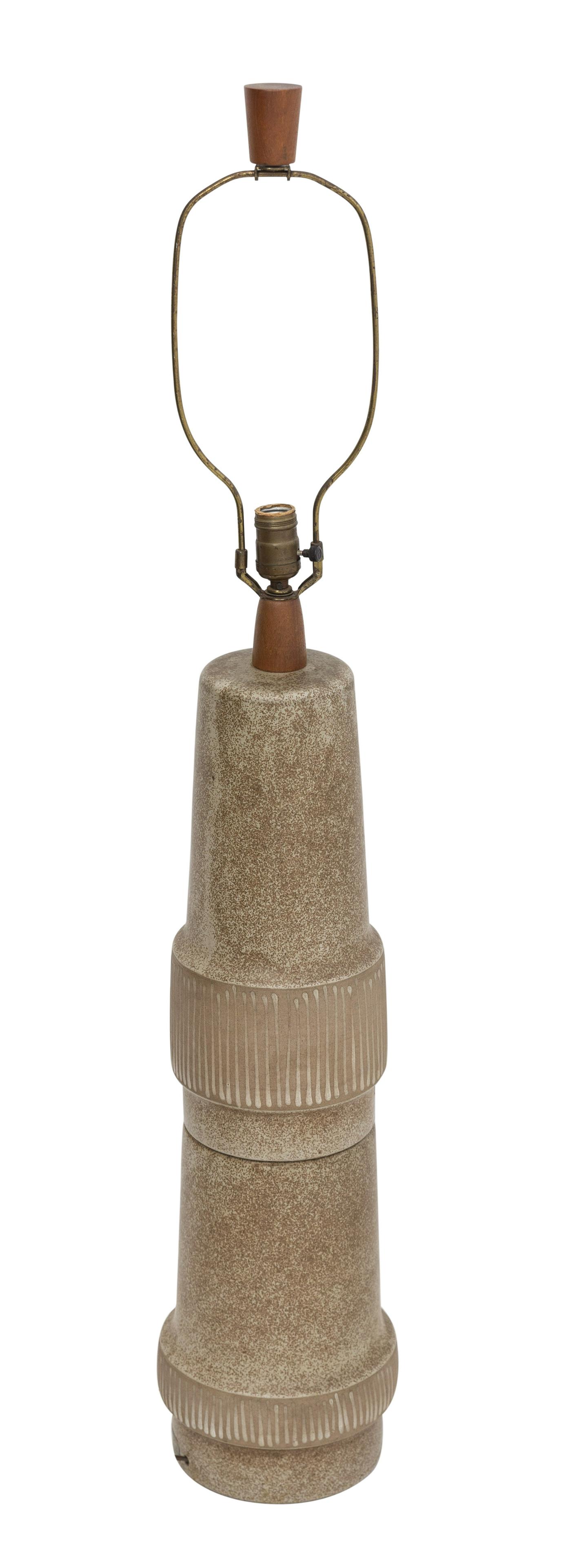 Jane and Gordon Martz Table Lamp: Table lamp, Marshall Studios, USA, circa 1960. Glazed stoneware, walnut, and brass. 8 diameter x 45.75h. Original walnut finial