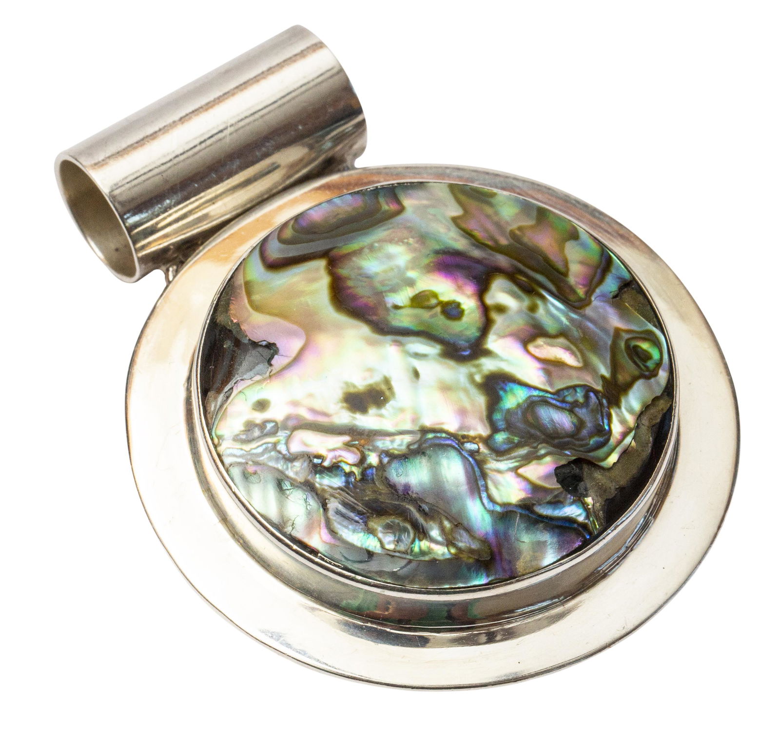 Beautiful Mexican Sterling and Abalone: Modernist pendant, marked Mexico, 925. 2w x 2.5h. Weight 36.45.