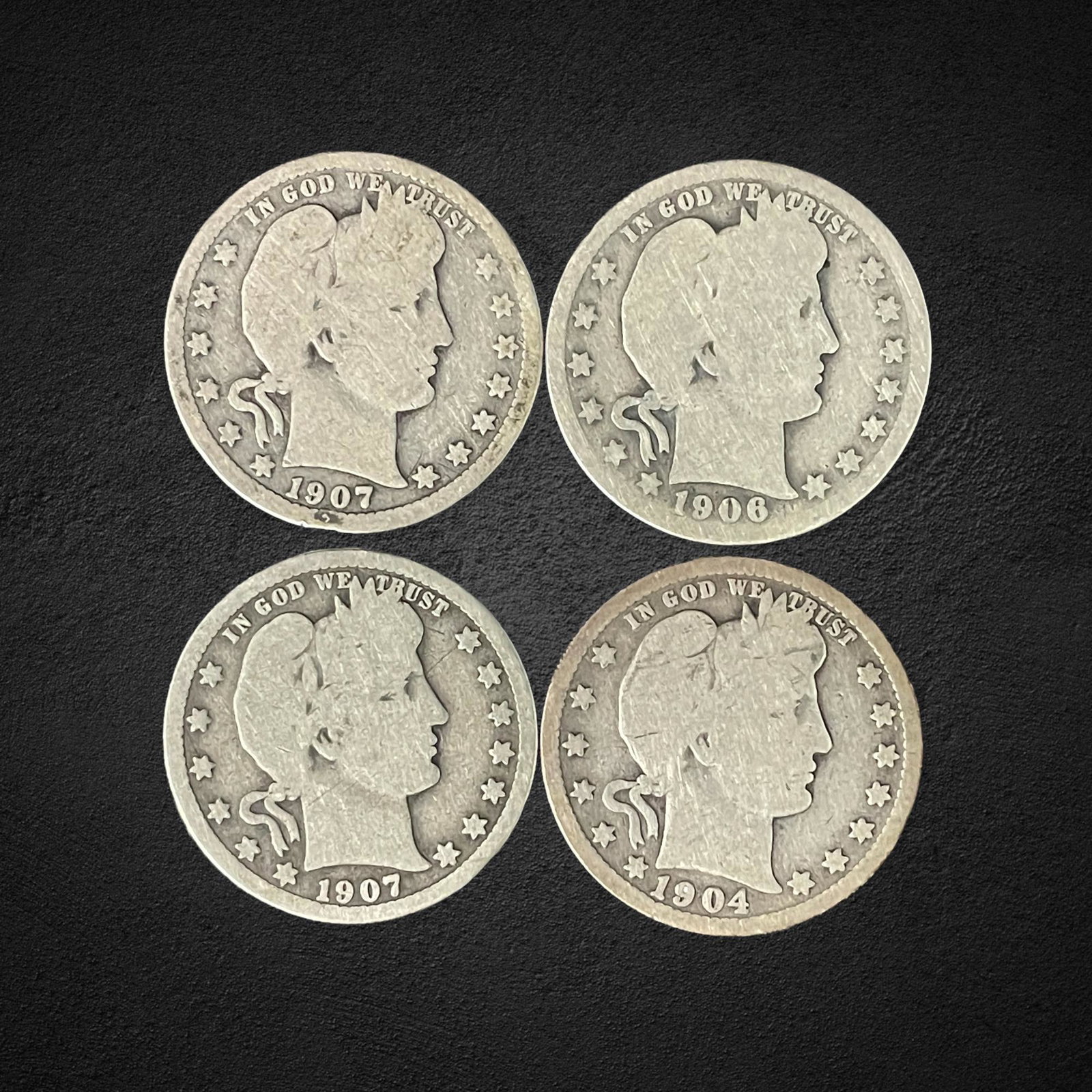 1904, 1906, 1907 Barber Silver Quarter Dollar Coins (1 of 2)