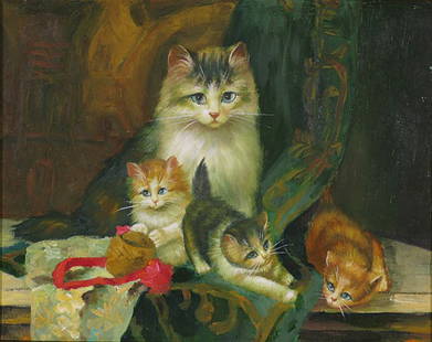 Cats Playing: 20th century oil on board Artist: Unsigned Size: 8.25 x 10
