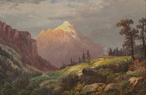 Mountain Scene: Oil on board Mountain Scene Artist: Unsigned Size: 12 x 18