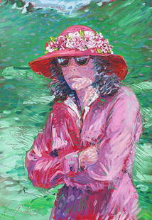 Lady in Pink: 20th century oil on board "The Spectator" (depicting girl wearing sunglasses) Artist: Leslie Shiels Size: 42 x 29.5