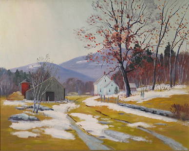 Olive Mac Iver, Melting Snow: Oil on board, Melting snow on farm Artist: Olive Mac Lver Size: 16 x 20