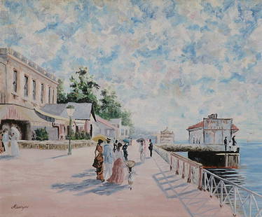 20th c Oil on canvas: Family walking along a harbor, Artist: illegible Size: 20.5 x 24