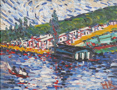 Impressionist, Oil on Board: Impressionist boat and dock Artist: H K (initialed) Size: 15.75 x 19.75