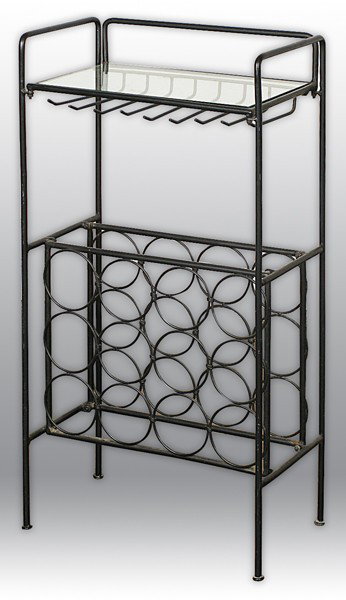 Arthur Umanoff Wine Rack: Iron and glass bar built in wine rack Artist: Arthur Umanoff Size: 19 x 11.5 x 35.75